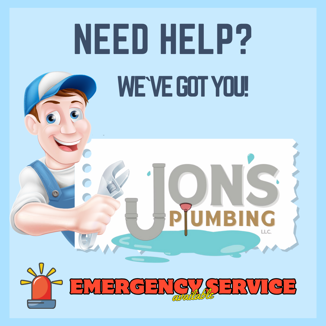 Cartoon plumber holding a wrench next to the Jon’s Plumbing LLC logo, with text reading “Need Help? We’ve Got You!” and a red emergency light icon below stating “Emergency Service Available.” Blue background with water droplets for a playful, approachable feel.